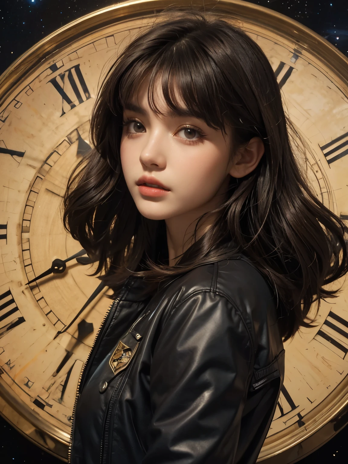 Upper body close-up image. A beautiful woman. Dark brown hair. Her bangs are down. Twenty years old. she is wearing a jacket. An image of space and a clock in her background., btr_valezk