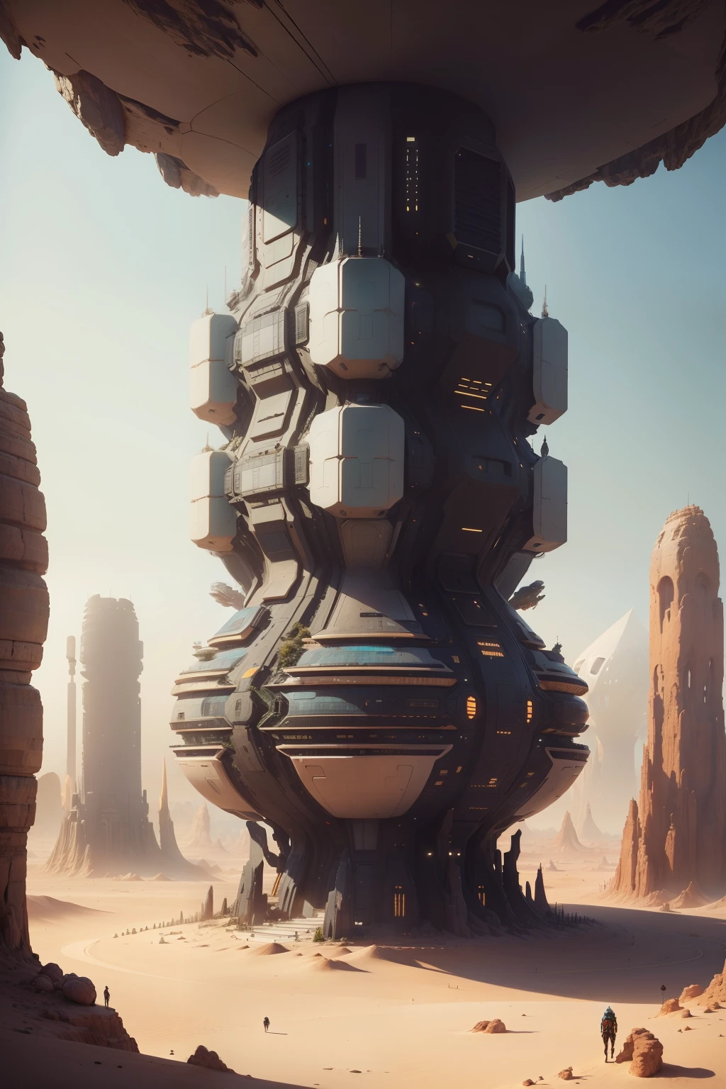 Futuristic masterpiece in the heart of the desert, a luxury residential beehive pod architecture design boasts an awe-inspiring view of an ancient epic clay tower. The black mecha, a cyber punk persona, observes this martian architecture from upstairs, balconies extending from the futuristic structure. Unravel the mysteries of this surreal landscape with intricate, detailed, and realistic instagram photos captured on an iPhone. Beeple and Jean Giraud's alien architecture unfolds before our eyes, where the futuristic church and futuristic tower come together as unique, trending designs on ArtStation.
Cave centric architecture styles come alive through the ingenious work
