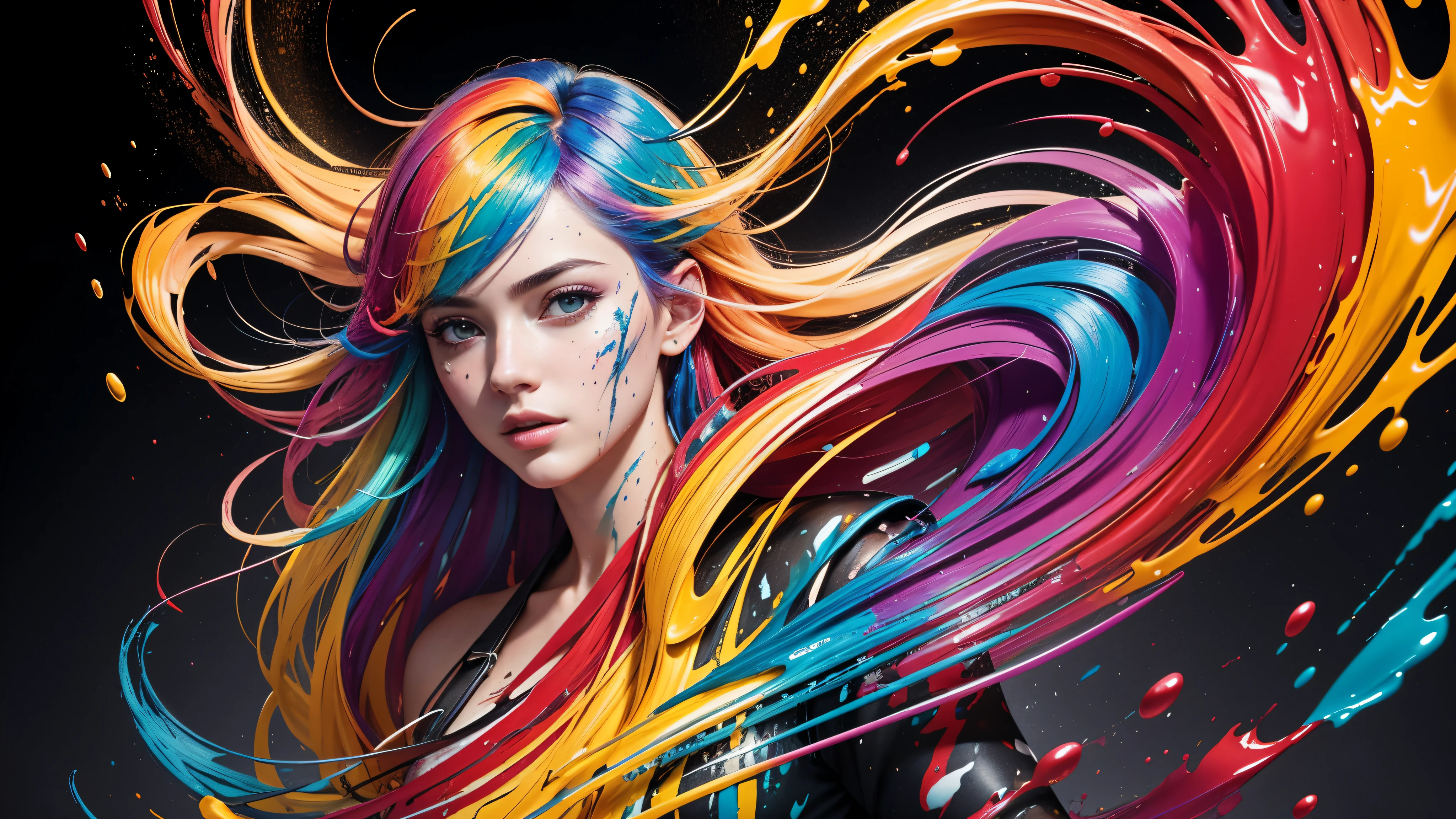8k, RAW photo, realistic, photo-realistic, hyper-realistic, highest quality, best quality, masterpiece, highly detailed, absurdres,
masterpiece, best quality, (extremely detailed CG unity 8k wallpaper, masterpiece, best quality, ultra-detailed, best shadow), (detailed background), (beautiful detailed face, beautiful detailed eyes), High contrast, (best illumination), 1girl, Australian, multicoloured hair, beautiful, ((colourful paint splashes on transparent background, dulux)), ((caustic)), dynamic angle,beautiful detailed glow,full body, cowboy shot,