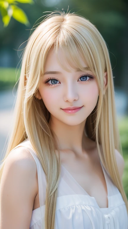 Live shooting、(((Portrait of extreme beauty)))、((shining white skin))、1 girl、 cute beautiful girl、((Shiny light natural blonde hair))、[blue eyes]、silky thin hair、straight long hair、eyeliner、bangs、hair between eyes、dancing hair、A sloppy smile、((masterpiece、最high quality、Super detailed、film light、High resolution、very detailed))、detailed background、8K UHD、digital single lens reflex、soft light、high quality、depth of field is shallow、Natural light、（perfect hands）、perfect beautiful beautiful face、Maid clothes