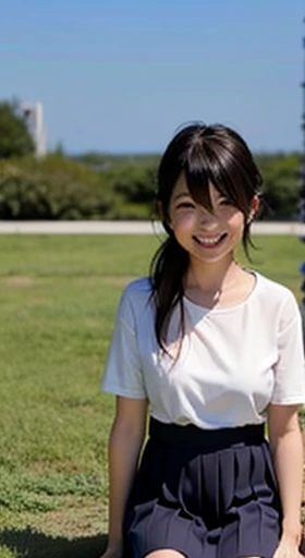 プールサイドで半透明の水色のナイキのビキニをきた横向きで乳房が上向きのblack hairshortcutのJapan人の細めスタイルの目の大きい色気のある高校生の美少女　Look straight ahead in the photo on your knees.。ID photo、Stand in the middle、white cutter shirt、Look at the photographer、Upper body、School Jersey、summer clothes、short sleeve、Japan、Japan語、shortcut、black eye、black hair、The face is straight、front photo、I、I can see the double teeth
