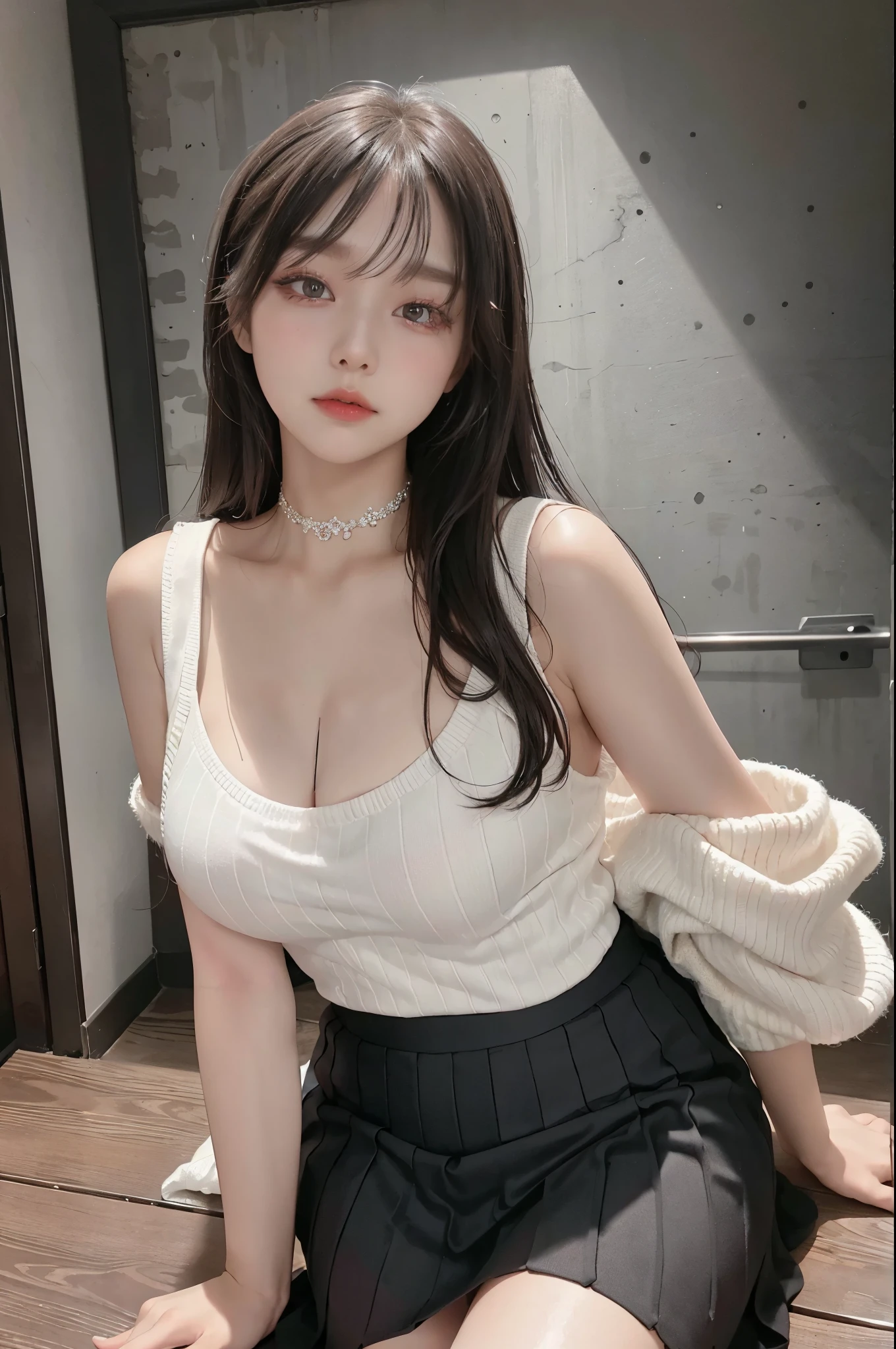 Top image quality、Raw photography、超A high resolution、16-year-old Korean、big round chest、Sleeveless、Formal Summer Knitwear、Tight knit、Formal Office Skirt、Black skirt、fair white skin、shiny white skin、elongated eyes、Beautiful eyes with random colors、beautiful eyes finely detailed、pale pink blush、long eyeslashes、beautiful double eyelid、eyeshadows、Glowing brown hair、A bracelet、Stand in front of a gray wall、Gateway to large enterprises