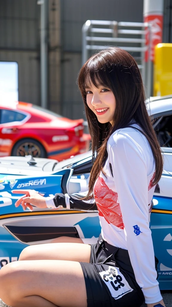 Highly detailed CG Unity 8K wallpaper, highest quality, Super detailed, masterpiece, realistic, photo realistic, Highly detailed cute girl, 25 years old, (whole bodyからつま先まで:1.4)、(whole body)、(whole body to toes)、(shot from the side)、(sitting on the hood of a car)、(lace queen)、(sexy pose),
(Sponsored and wearing grid girl costume'logo is printed.:1.3), (shorts) , (sitting in a motorsport race), (cleavage), smile ,whole bodyショット ,(Side view)、(side shot)、(smile at the camera)、