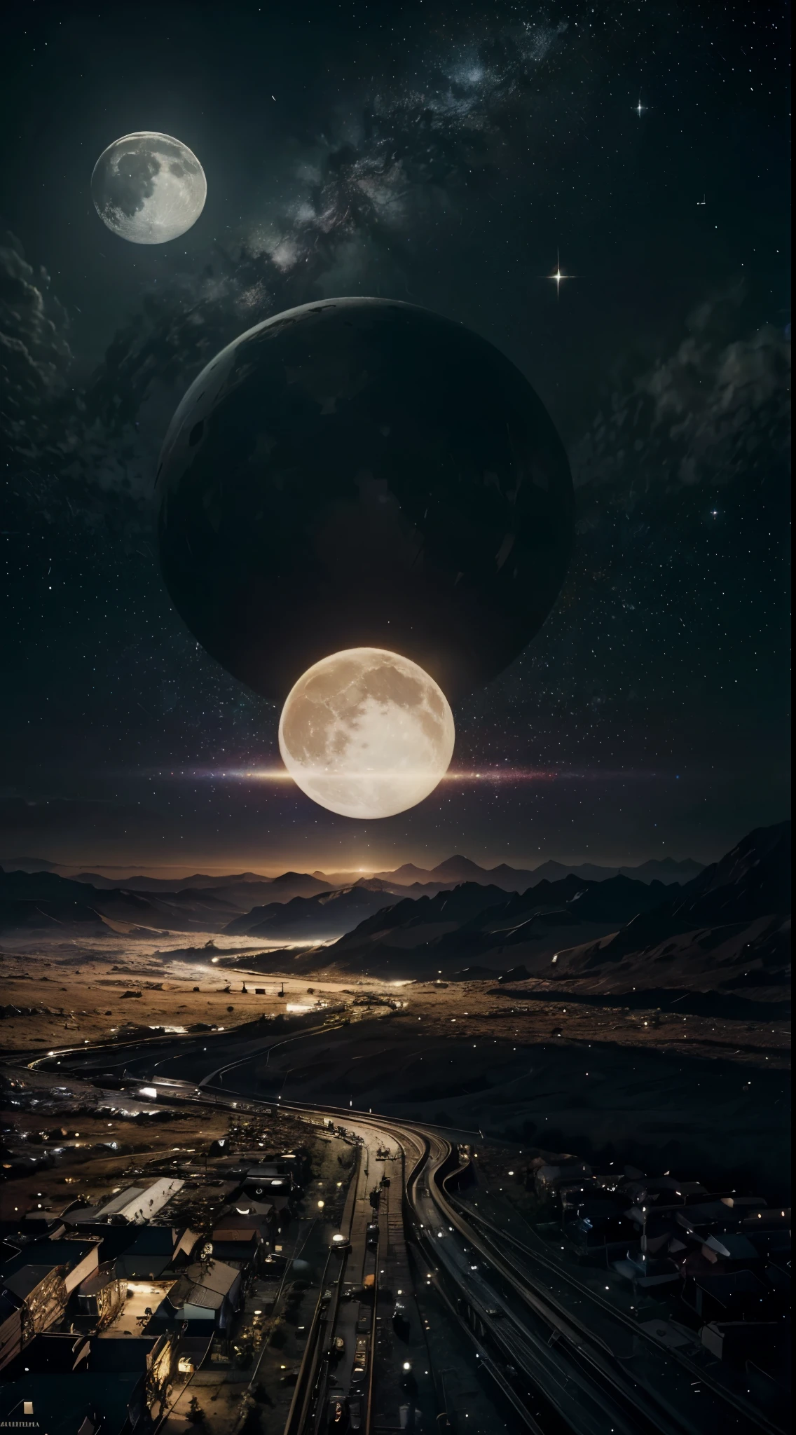 Prompt: (masterpiece), best quality, hyper detailed, detailed lights, derailed colors, extremely detailed,
Morning but sky full of stars, two moon, land in the other planets, life in another world, ambient.