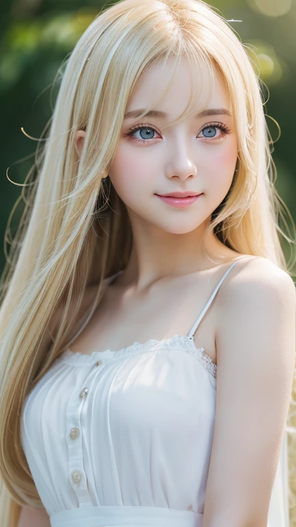 Live shooting、(((Portrait of extreme beauty)))、((shining white skin))、1 girl、15 years old cute beautiful girl、((Shiny light natural blonde hair))、[Very beautiful bright light blue big eyes]、very big eyes、silky thin hair、straight long hair、eyeliner、bangs、hair between eyes、dancing hair、A sloppy smile、((masterpiece、最high quality、Super detailed、film light、High resolution、very detailed))、detailed background、8K UHD、digital single lens reflex、soft light、high quality、depth of field is shallow、Natural light、（perfect hands）、perfect beautiful beautiful face、Maid clothes、small face beautiful girl