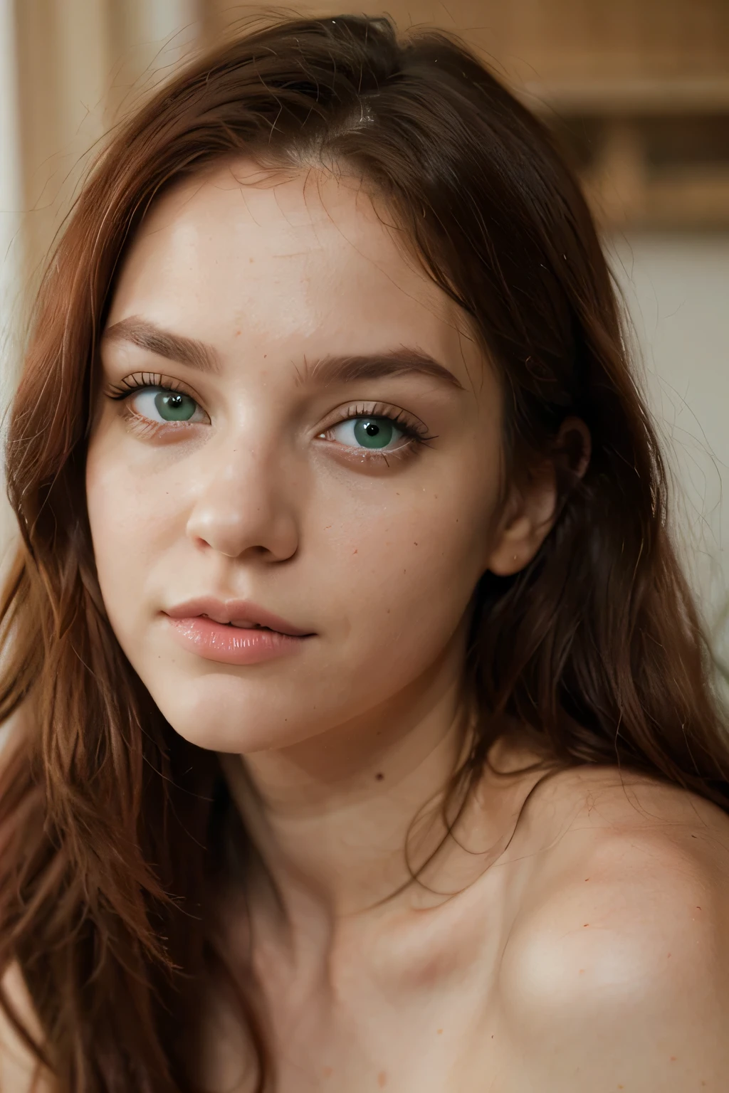 Woman's face looking forward, 20 years old, blue eyes, white skin color, pink lips, hunter look, full lips, juicy lips, redhead, straight hair type, upturned nose, big eyes, realistic skin texture, everything this with high realism. people as if taken with a professional Sony alfa77 DSLR camera and white lighting, with face forward