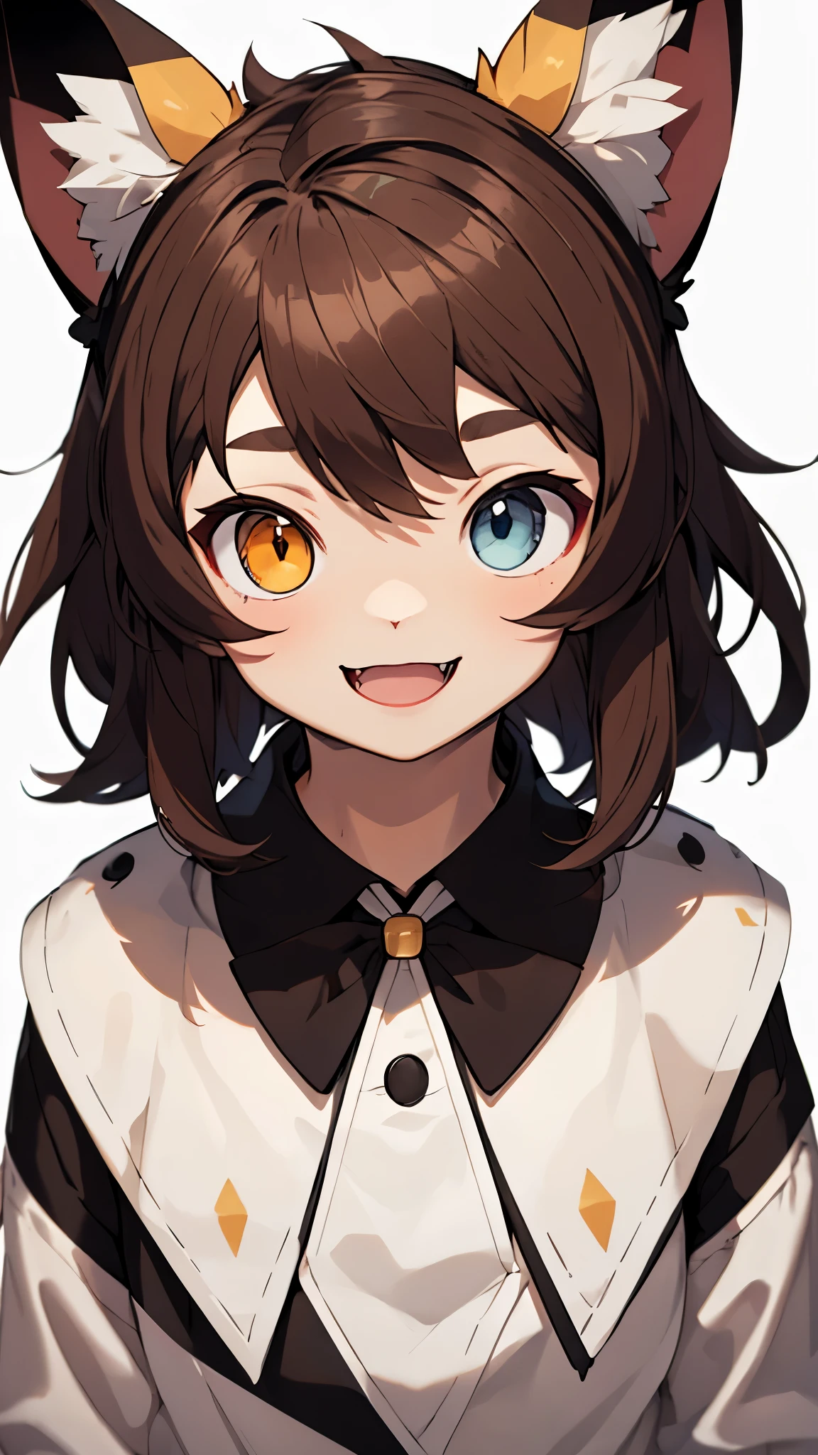 white background、Empty background、(high quality, Breathtaking),(expressive eyes, perfect face) Full body shot, 1 girl, girl smiling from the front、White school uniform, woman gives blowjob, solo, odd eye, Heterochromia - left eye is brown、The right eye is light blue.open your mouth wide、Era: late 20s, brown hair, , Shoulder-length medium hair, Soft wavy hair, gentle smile, Loose hair, side bangs, Looking at Viewer, People photography, A happy expression,