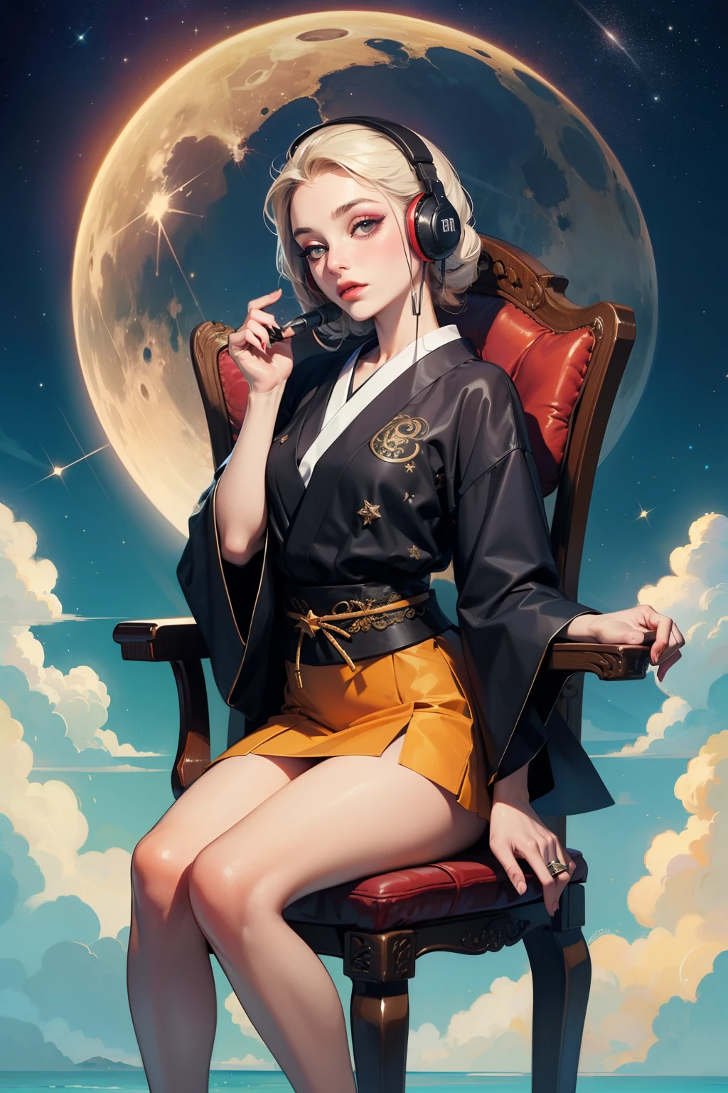 ((highest quality)), ((masterpiece)), (be familiar with), perfect face
７Beautiful woman of about her age、Beautiful makeup、slender、Gothic orange clothing with intricate patterns printed on it、wearing a miniskirt、Wearing luxury headphones、galaxy fashion with stars and clouds　whole body、Sitting in a chair、galaxy fashion of stars and moon、Fashion for luxury brands、Japanese 、１８６０year style fashion illustration　