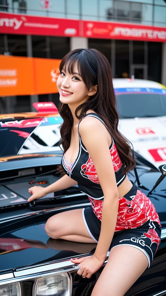 the Extremely Detailed CG Unity 8K Wallpapers, Best Quality, Ultra-detailed, masutepiece, Realistic, photos realistic, extremely detailed cute girl, 25-years old, 
(Wearing a grid girl costume with sponsor's logo printed on it:1.3), (Mini skirt ) , (Sitting in a motorsport race), (Leaning forward),  (cleavage), blush , Half body shot , Parted bangs ,