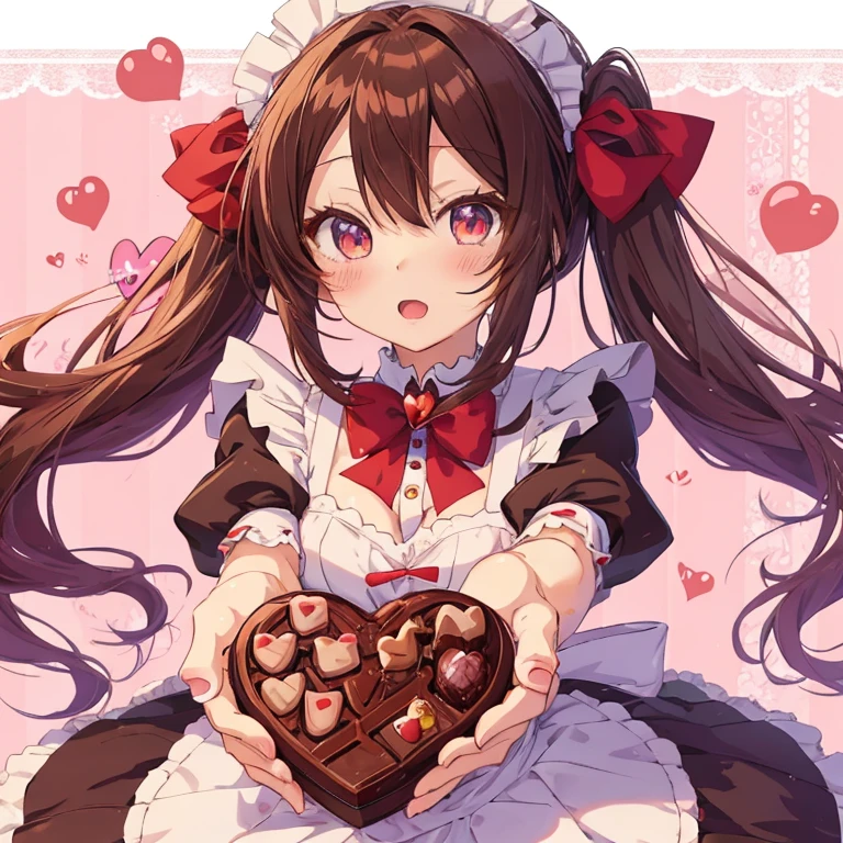 anime girl holding a heart shaped chocolate box with a bow, anime girl in a maid costume, change, small curvy change, cute anime girl, everyone, small change girl, splash art anime , anime lover, cute realistic portrait, Cute girl anime visual, (anime girl), anime girl