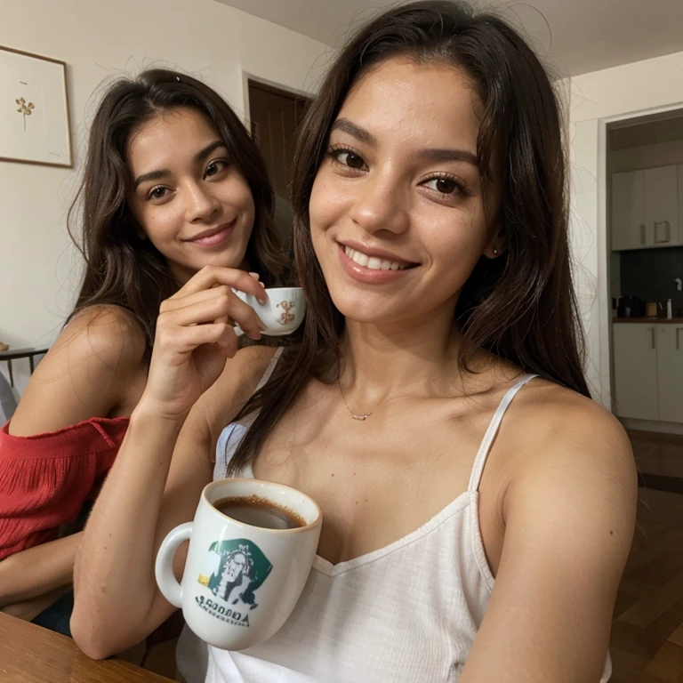 A 30-year-old brunette woman of Middle Eastern descent with long hair is enjoying a cup of coffee.