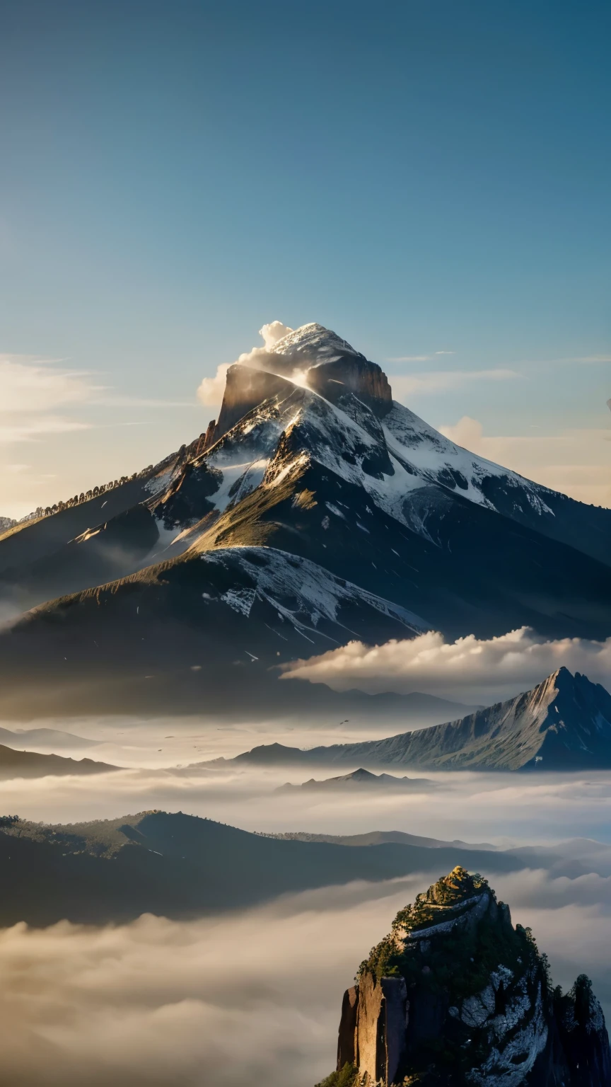 Masterpiece, a colossal mountain, towering higher than the heavens, its craggy peaks shrouded in a painting of nature's grandest art, the mountain's sheer cliffs adorned with sharp, jagged rocks that pierce the sky, bursting from within the earth's core with an explosion of unparalleled power, an eruption of raw beauty, a silent symphony of earth and stone, vividly rendered in high detail, the sunlight casting dramatic light and shadow upon its expansive surface, illustrating a realm where the laws of physics are transcended, a captivating view that takes your breath away.