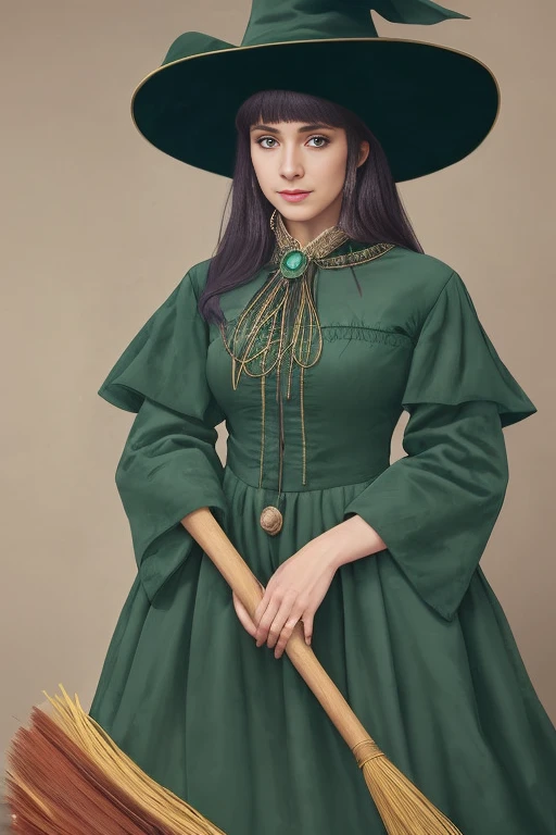 Naughty young witch, beauty, smile, Mysterious atmosphere, Dressed in a dark green velvet dress to match the hat with gold trim, In the hands of a broom, Detailed study, High quality