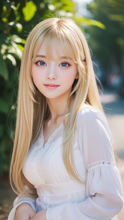 Live shooting、(((Portrait of extreme beauty)))、((shining white skin))、1 girl、 cute beautiful girl、((Shiny light natural blonde hair))、[Very beautiful bright light blue big eyes]、very big eyes、silky thin hair、straight long hair、eyeliner、bangs、hair between eyes、dancing hair、A sloppy smile、((masterpiece、最high quality、Super detailed、film light、High resolution、very detailed))、detailed background、8K UHD、digital single lens reflex、soft light、high quality、depth of field is shallow、Natural light、（perfect hands）、perfect beautiful beautiful face、Maid clothes、small face beautiful girl
