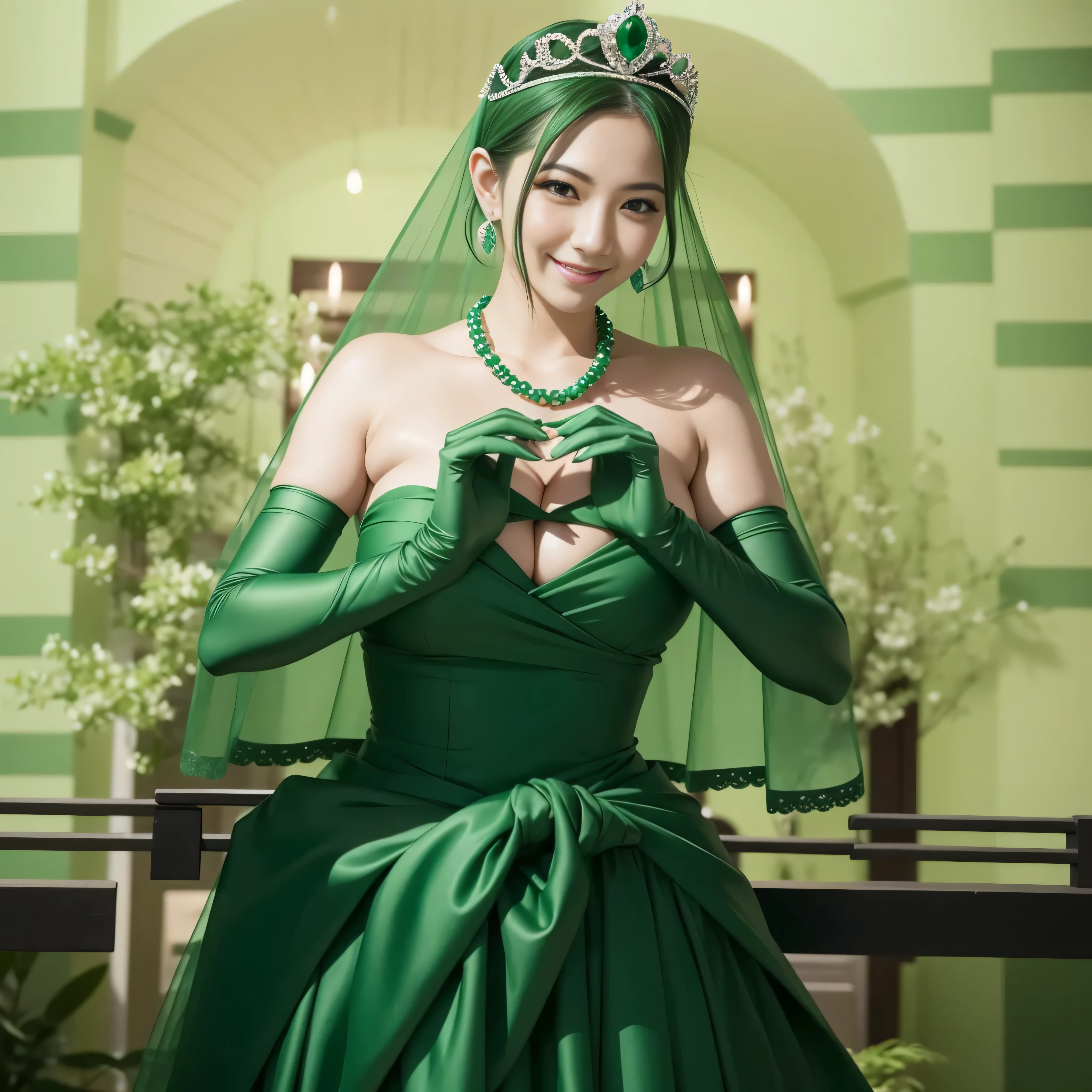 emerald tiara, green pearl necklace, ボーイッシュな非常に短いgreen hair, lipstick, smiling Japanese woman, very short hair, Beauty with large breasts, green eyes, Long Green Satin Gloves, green eyes, emerald earrings, green veil, heart with both hands, green hair, Beautiful Japan woman in her 30s, heart shaped hand:1.3