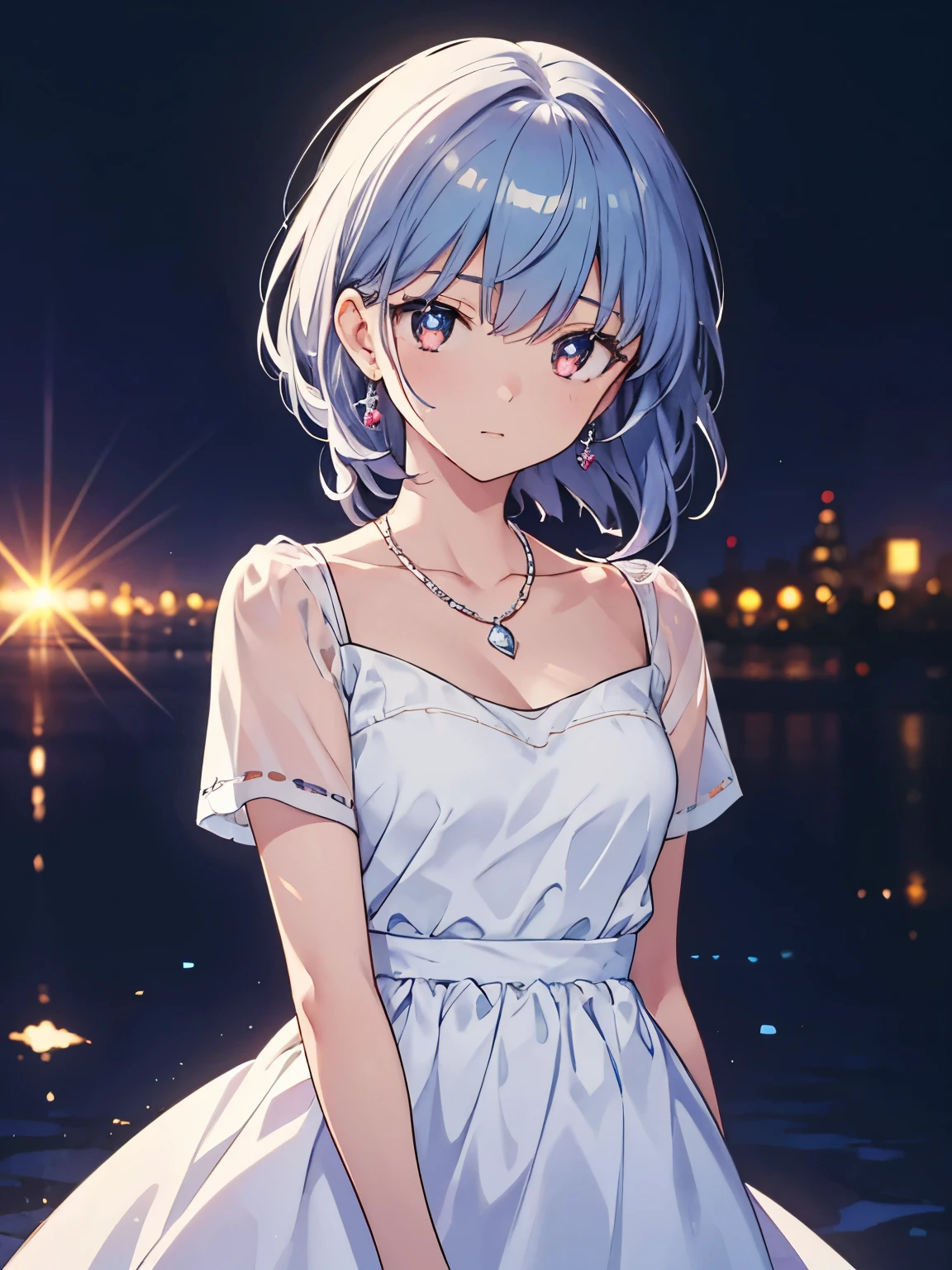 masterpiece, highest quality, figure, Girl drawn by Tomiko Takahashi, platinum earrings, Platinum Necklace, white dress, 1 girl、cute, (dynamic lighting:1.2), cinematic lighting, delicate features, fine eyes, sharp pupils, realistic student, Depth of bounds written, Bokeh, sharp focus, (very detailed, bloom, shine:1.4), Many Small Gems、全体figure、Absolutely refer to the stomach as the center、