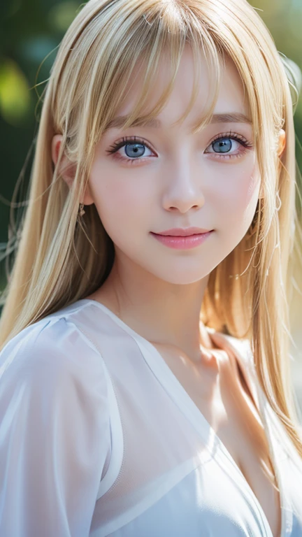 Live shooting、(((Portrait of extreme beauty)))、((shining white skin))、1 girl、 cute beautiful girl、((Shiny light natural blonde hair))、[Very beautiful bright light blue big eyes]、very big eyes、silky thin hair、straight long hair、eyeliner、bangs、hair between eyes、dancing hair、A sloppy smile、((masterpiece、最high quality、Super detailed、film light、High resolution、very detailed))、detailed background、8K UHD、digital single lens reflex、soft light、high quality、depth of field is shallow、Natural light、（perfect hands）、perfect beautiful beautiful face、Maid clothes、small face beautiful girl