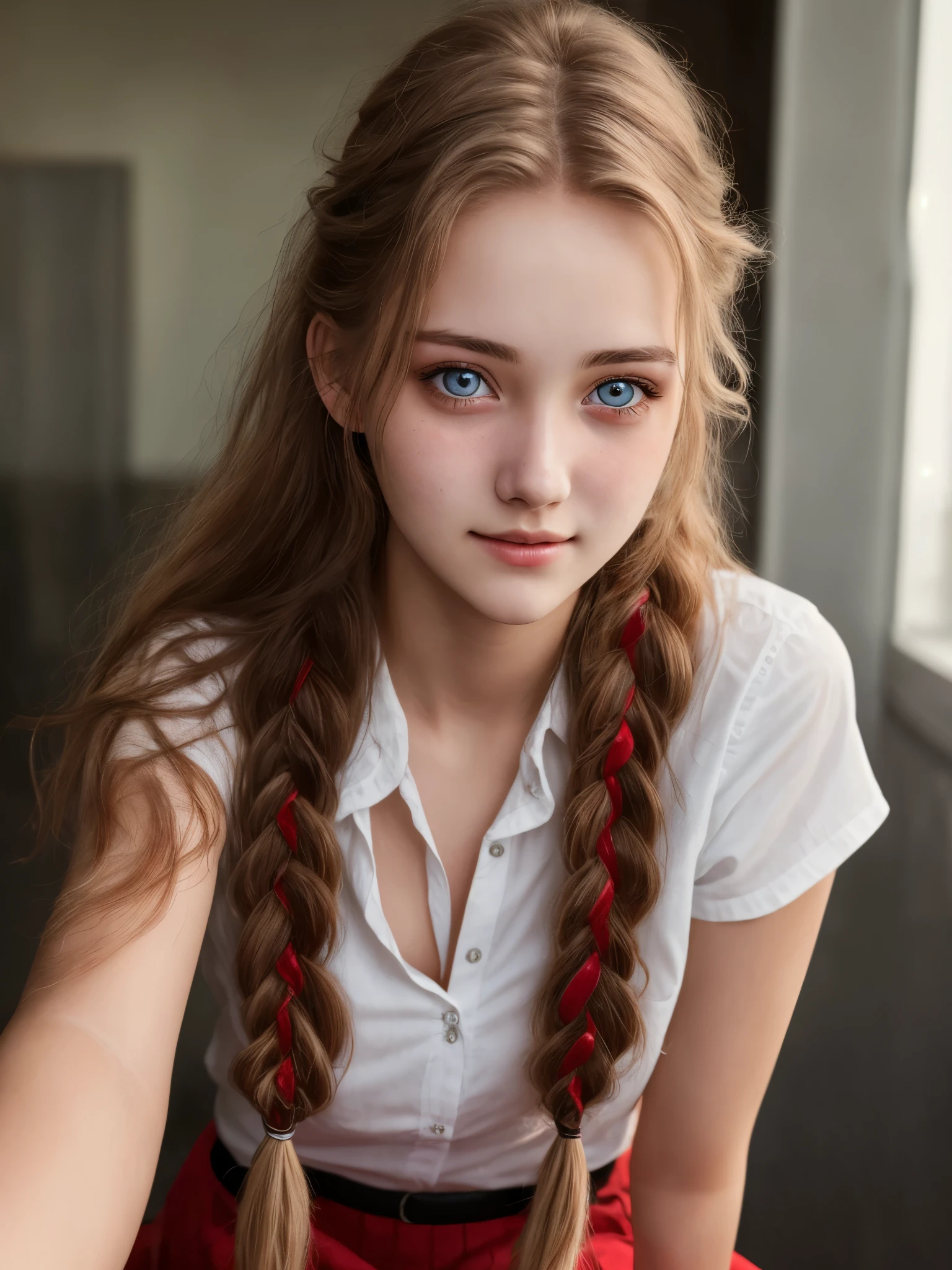 ultra real photo of 18 years old woman, joy eyes. long red messy and braided hair, sexy, short skirt, sloppy look, vivid colours, Intricate details of her beautiful eyes and perfect face, HDR