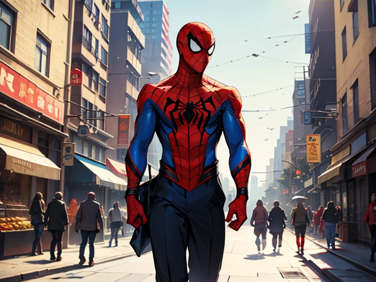 Masterpiece, best quality, Spiderman, walking in the street, peoples walking in the street, city background, sunny day