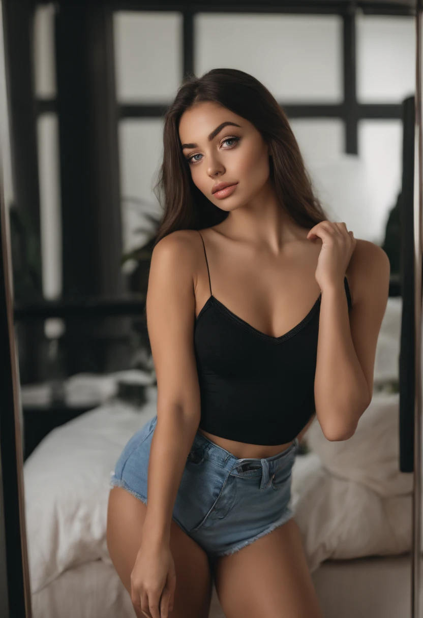 A woman wearing a tank top and matching panties, Sexy girl with blue eyes, Portrait of Sophie Mudd, , Young woman selfie, Makeup, natural makeup, looks directly at camera, Face with artgram, subtle makeup, Stunning full-body photos, inside the room, big full, black hair, Japanese, Gym