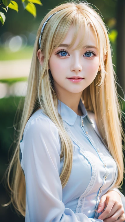 Live shooting、(((Portrait of extreme beauty)))、((shining white skin))、1 girl、15 years old cute beautiful girl、((Shiny light natural blonde hair))、[Very beautiful bright light blue big eyes]、very big eyes、silky thin hair、Straight Super Long Hair、eyeliner、bangs、hair between eyes、dancing hair、A sloppy smile、((masterpiece、最high quality、Super detailed、film light、High resolution、very detailed))、detailed background、8K UHD、digital single lens reflex、soft light、high quality、depth of field is shallow、Natural light、（perfect hands）、perfect beautiful beautiful face、Maid clothes、small face beautiful girl