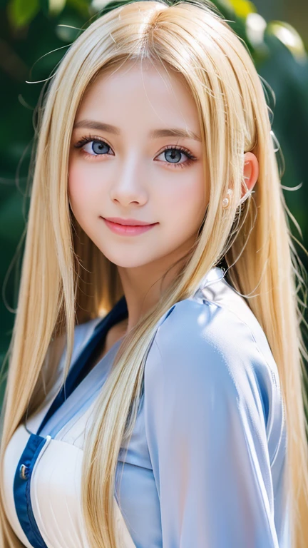 Live shooting、(((Portrait of extreme beauty)))、((shining white skin))、1 girl、15 years old cute beautiful girl、((Shiny light natural blonde hair))、[Very beautiful bright light blue big eyes]、very big eyes、silky thin hair、Straight Super Long Hair、eyeliner、bangs、hair between eyes、dancing hair、A sloppy smile、((masterpiece、最high quality、Super detailed、film light、High resolution、very detailed))、detailed background、8K UHD、digital single lens reflex、soft light、high quality、depth of field is shallow、Natural light、（perfect hands）、perfect beautiful beautiful face、Maid clothes、small face beautiful girl