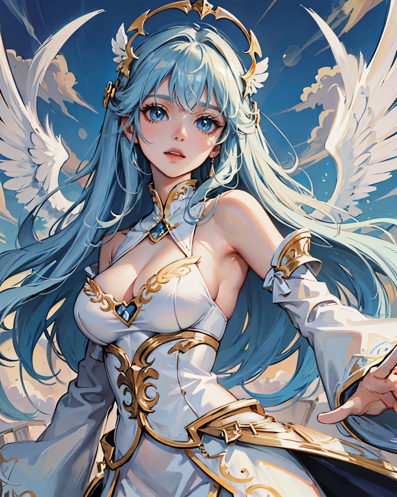 (masterpiece, best quality), solo, angel, long light blue hair, light blue eyes, wisdom, sexy white goddess dress, (wings), golden accessories, sky, clouds, sunrays, intricate details, upper-body