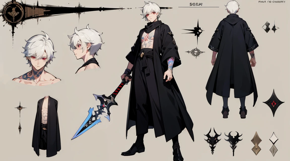 (absurdres, highres, ultra detailed), masterpiece, best quality, solo, a boy with white short hair, black robe, handsome, finely eye, detailed eye, vibrant red eyes, detailed face, black scarf, bare chest, carry two dagger, dual-dagger, tattoo, from below, look down, ruined palace, dark background, swirl, spark ((masterpiece)),(((best quality))),(character design sheet,same character,front,side,back), Reference sheet of a man ,full body.man,19 years old,,anime boy, full body handsome anime pose, Boy, anime style