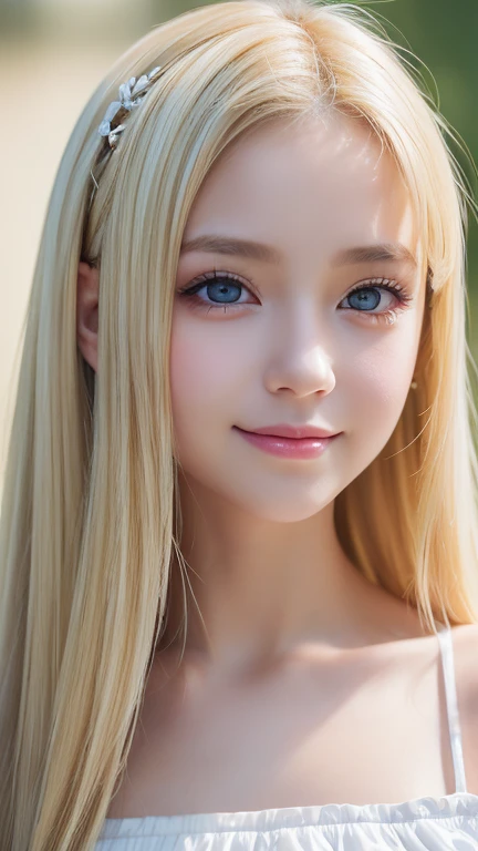 Live shooting、(((Portrait of extreme beauty)))、((shining white skin))、1 girl、 cute beautiful girl、((Shiny light natural blonde hair))、[Very beautiful bright light blue big eyes]、very big eyes、silky thin hair、Straight Super Long Hair、eyeliner、bangs、hair between eyes、dancing hair、A sloppy smile、((masterpiece、最high quality、Super detailed、film light、High resolution、very detailed))、detailed background、8K UHD、digital single lens reflex、soft light、high quality、depth of field is shallow、Natural light、（perfect hands）、perfect beautiful beautiful face、Maid clothes、small face beautiful girl