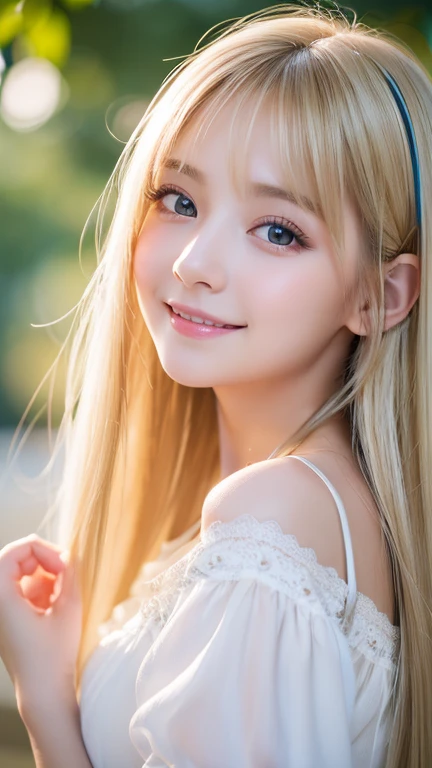 Live shooting、(((Portrait of extreme beauty)))、((shining white skin))、1 girl、15 years old cute beautiful girl、((Shiny light natural blonde hair))、[Very beautiful bright light blue big eyes]、very big eyes、silky thin hair、Straight Super Long Hair、eyeliner、bangs、hair between eyes、dancing hair、A sloppy smile、((masterpiece、最high quality、Super detailed、film light、High resolution、very detailed))、detailed background、8K UHD、digital single lens reflex、soft light、high quality、depth of field is shallow、Natural light、（perfect hands）、perfect beautiful beautiful face、Maid clothes、small face beautiful girl