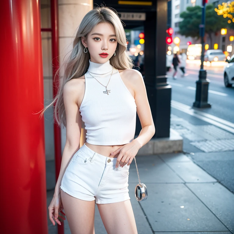  beautiful女孩大学生，masterpiece，Light makeup，red lips，silver hair，messy long hair，street background，beautiful，grace。Ultra-fine details，Work，Authentic texture，Realistic lighting，完美的Work，8k，HD，Exquisite facial features，White skinny turtleneck top，White skinny shorts，slim figure，big bright eyes，，earrings，necklace，tattoo is