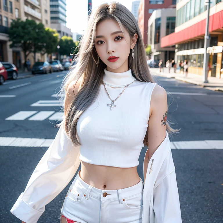 (Browsing Caution:0.7), Perfect Style, Beautiful Face, Highly detailed face and skin texture, (Maximum resolution: 1.2), 1 female,Hip Up, jewelry, (((He has many tattoos all over his body)), Streetwear, Silver Hair, panties, sneakers, (((Tight waist))), ((Big Breasts)),(See-through)