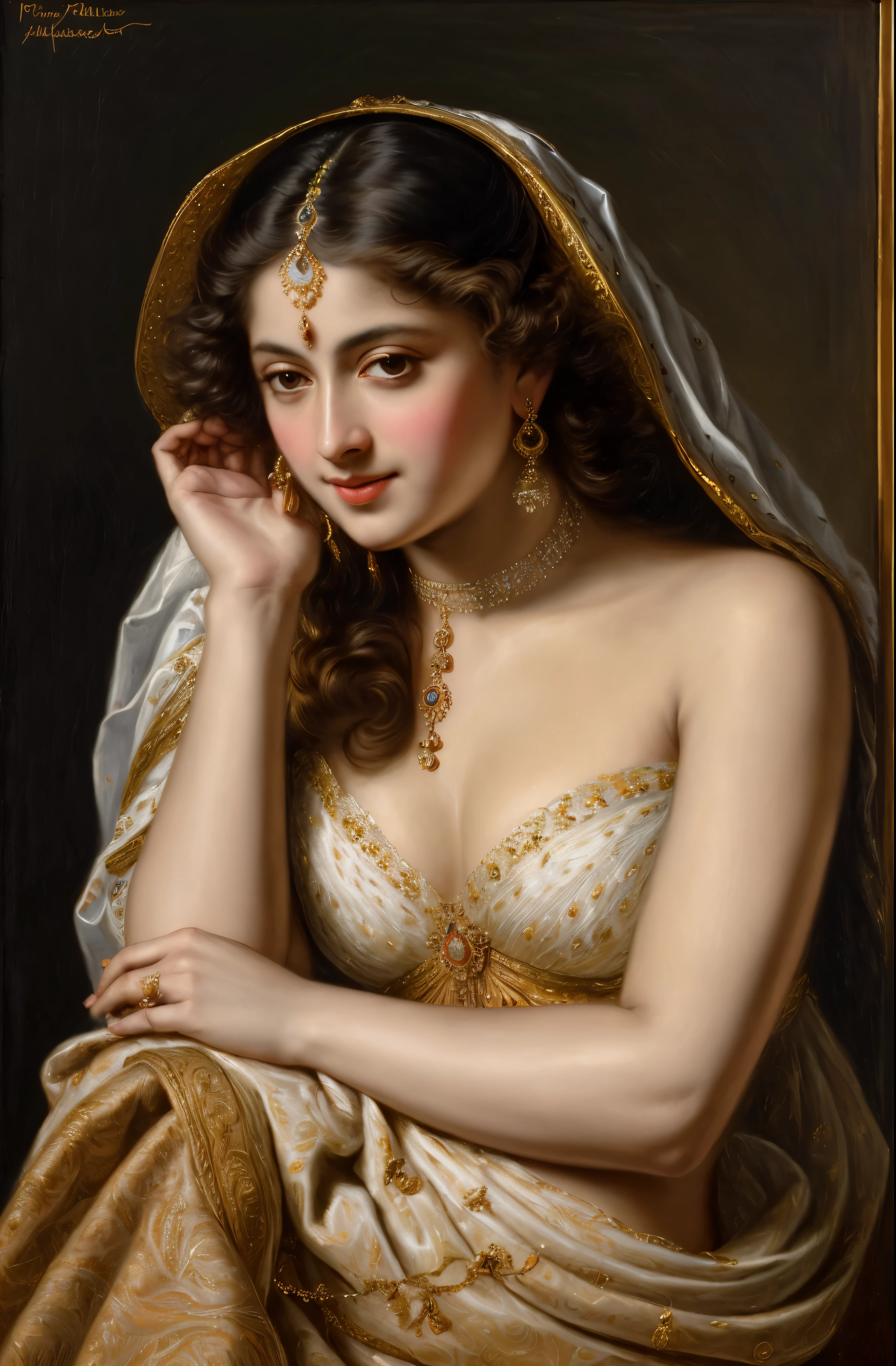 Best quality, highly detailed, masterpiece, Indian princess, Rajkanya, royal clothes, Masterpiece, extremely gorgeous woman, matchless Beauty, portrait, Peter Paul Rubens style, Woman, off shoulder bandeau crop blouse, middle ages, classicism, andrey atroshenko style, painting, long hair, styled hair, traditional media, realistic, figurative, fine art, detailed Art, oil on canvas, HDR, 8K, original character, high resolution, high detail, focus on the face, intricate, flawless, fluffy hair, Peter Paul Rubens style, By Peter Paul Rubens, sharp picture, avoid crown or mukut in picture,