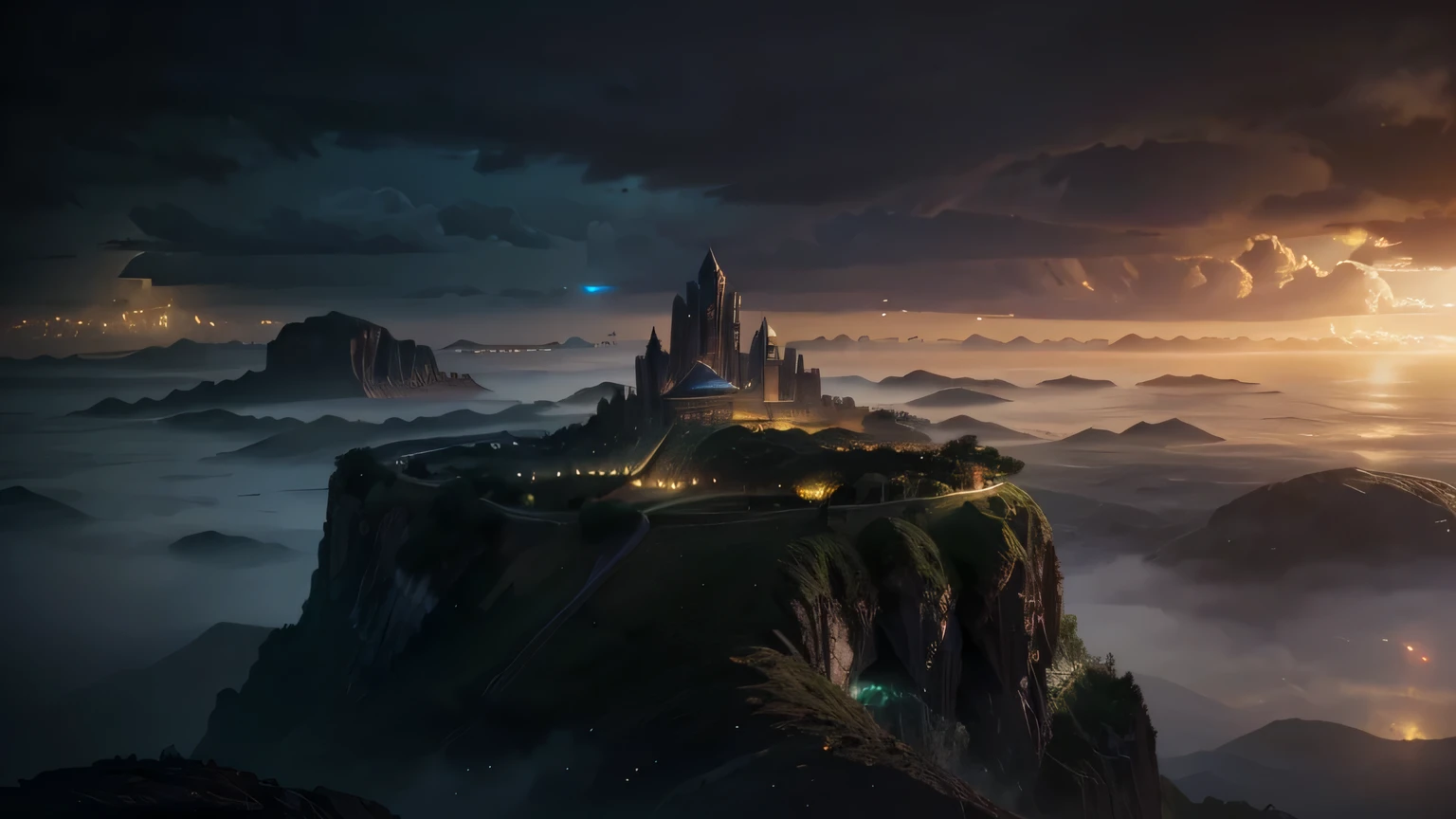 Elara, standing on a precipice, overlooking the mystical landscape, Eldoria's floating islands bathed in magical light, cinematic, detailed face, 8k, sharp focus, beautifully lit buildings, at evening during rain, beautiful and aesthetic, photography, cinematic, 8k, high detailed