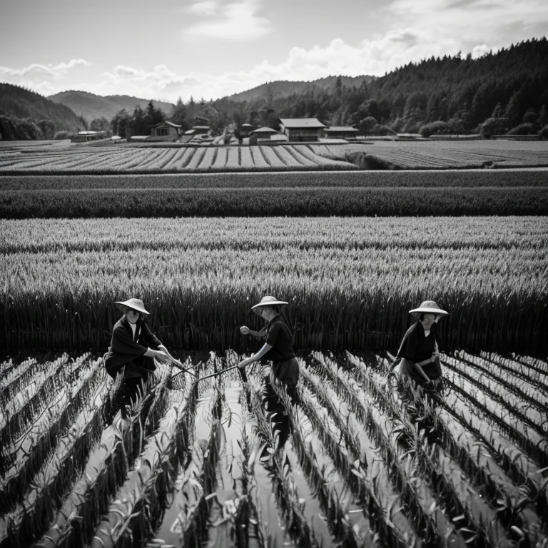 People's Republic of Japan People working on collective farms finely black and white image 1956 People wear Japanese clothes rice paddy
