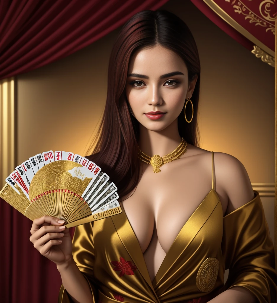 arafed woman holding a fan of money and a cassino card, online cassino logo, ouro and red, cassino, indoor cassino, red and ouro, Molly million, mulher mesmer sedutora, holding ouro, ouro, imagem promocional, bandeira, jogos, um atrativo, jogatina, red and ouro cloth, tiro no meio, poker, tithi luadthong