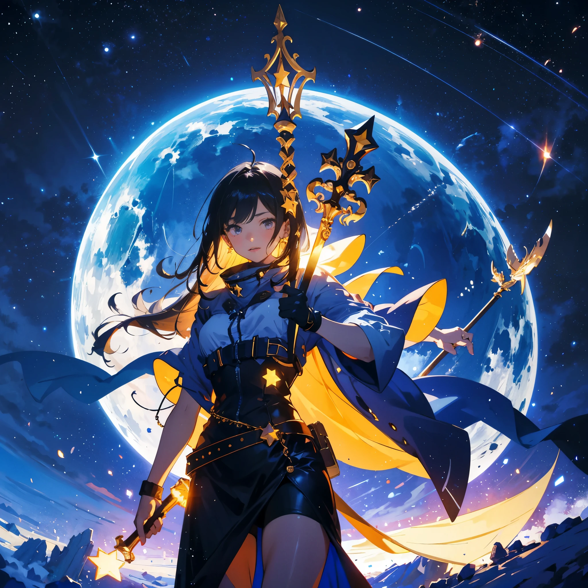 （master painting：1.6），（Very detailed：1.6），（best quality：1.6）,（high resolution：1.6）, 1 girl， futuristic，，complicated decoration， holding a scepter， Queen， space， Giant Starhip， ， 土Star ring， planet， space station， moons， Star， air vehicle， ， Star ring， Star， Star，