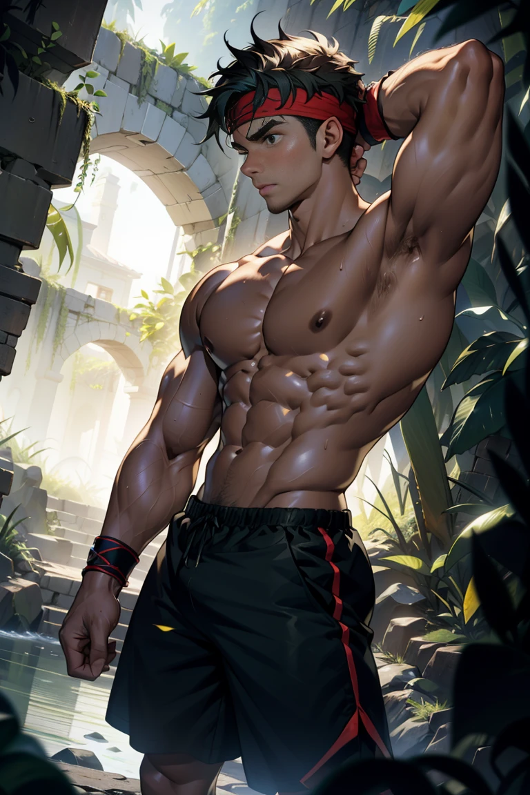 (Masterpiece, Best quality, 18 year old boy, 8k, ultra-detailed), (from behind, looking away, upper body, monolid eyes, thin lips), 1 boy, solo, Young, (ager), (Dark Short straight hair, under cut), black eyes, full bodyesbian, (Shirtless), topless, (Green headband), sandals, (Black shorts with loincloth), (Depth of field:1.2), (Abs), (chest), (upper arms), black wristband, (topless male), man with martial arts stance, athretic body, inside dark caves, (foggy, night), action pose