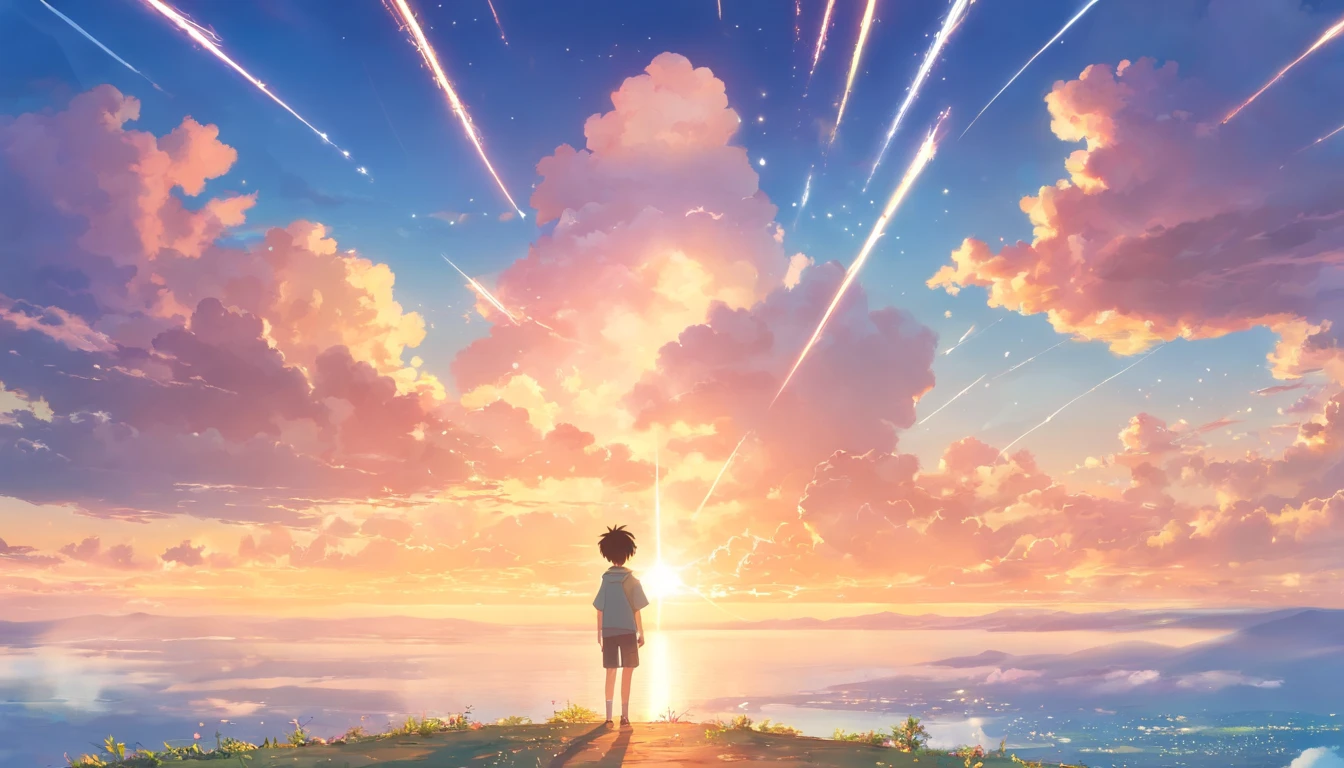 masterpiece, better quality, movie stills, boy, Cloud Boy, floating in the sky, close, bright, Happy, Soft and warm lighting, sunset, (sparks: 0,7)