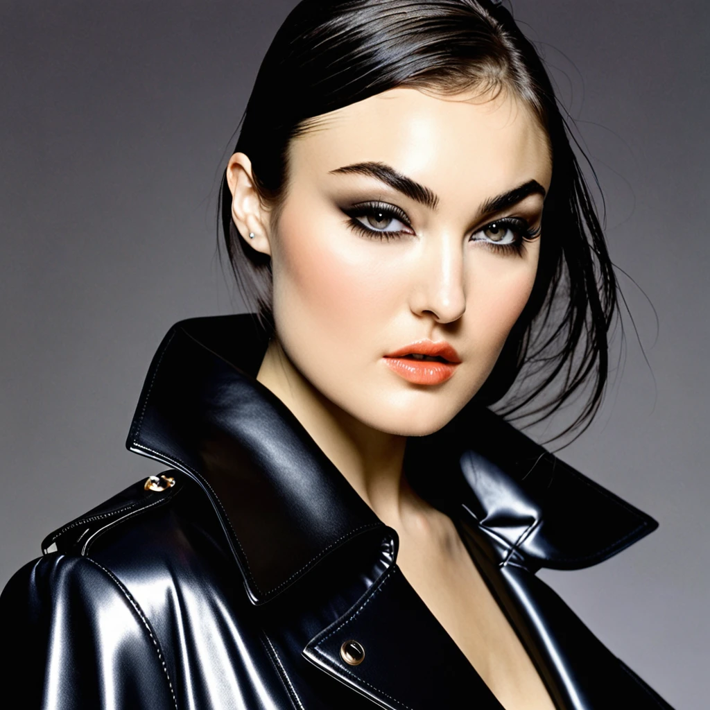 sasha grey as classy top model wearing Balenciaga, magical, crisp, smooth, attractive look; design centered around the model's eyes, classy and elegant, fashion background