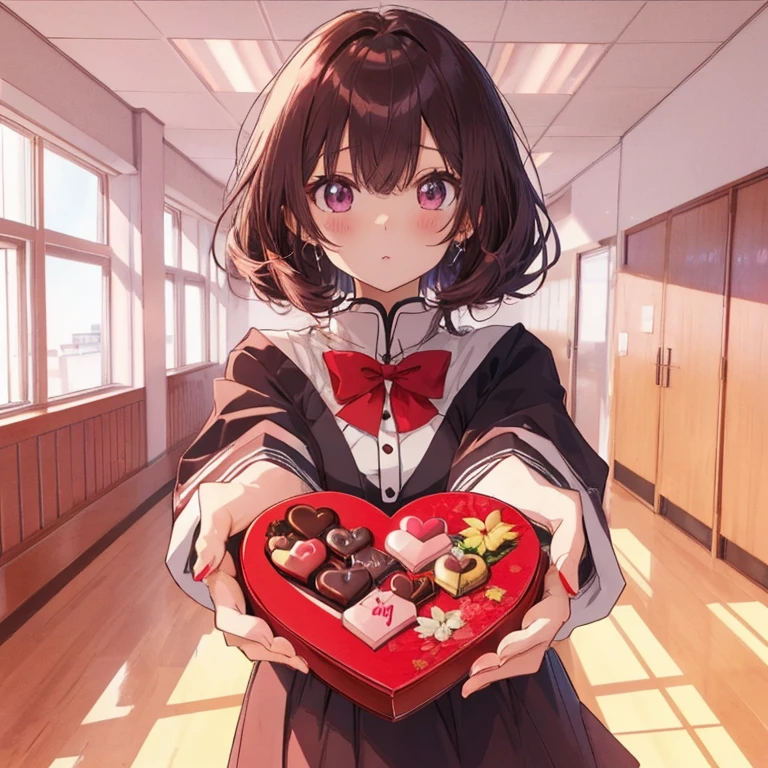 anime girl holding a heart shaped chocolate box in a school hallway, cute realistic portrait, yandere, Cute girl anime visual, anime lover, ❤🔥🍄🌪, (anime girl), everyone, cute anime girl, lofi girl