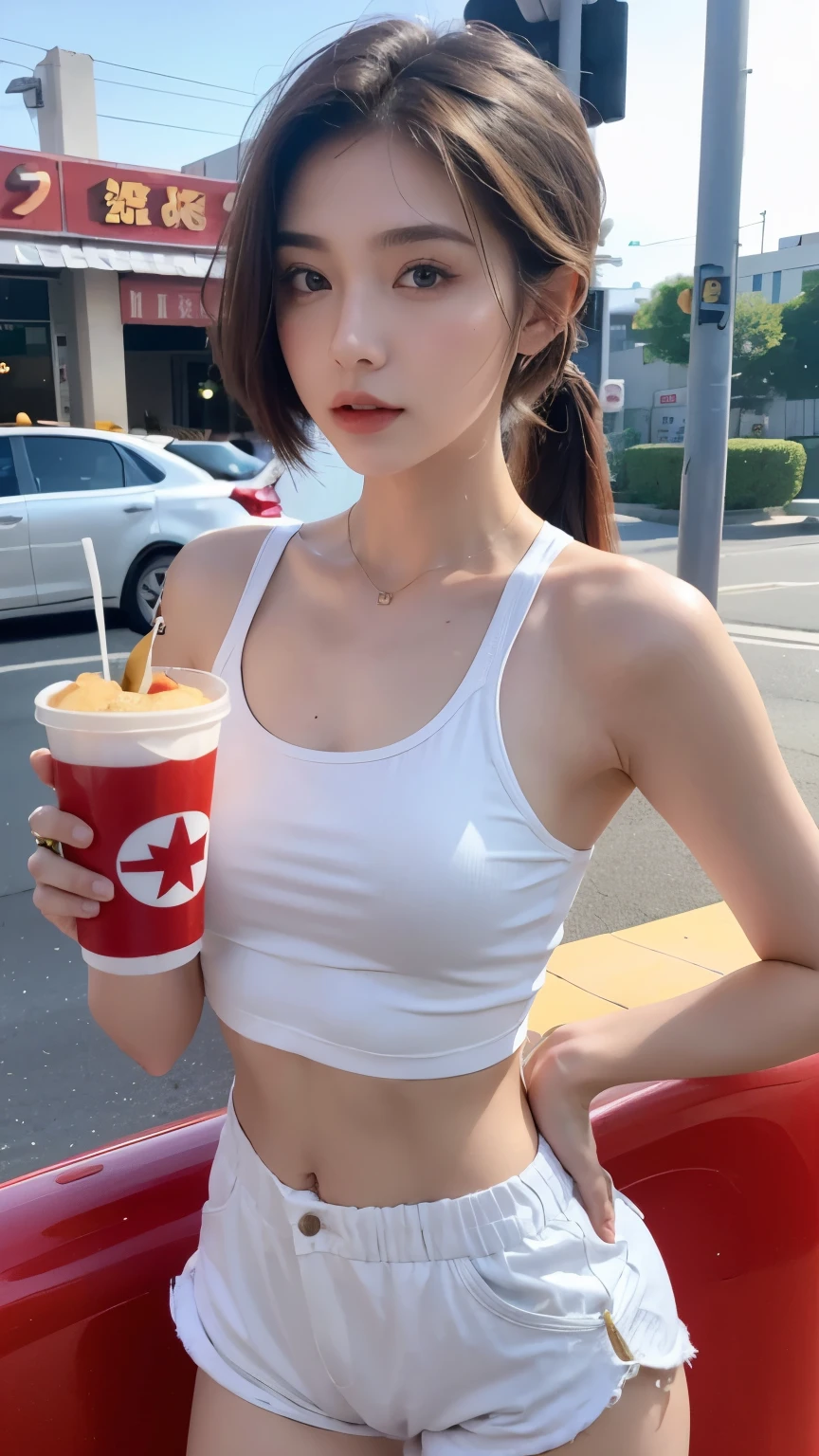 individual，young girl，23 years old, fine hair, Detailed faces, full的身材，Long hair tied up，full, Short hair details，Short hot pants, model，fast food restaurant