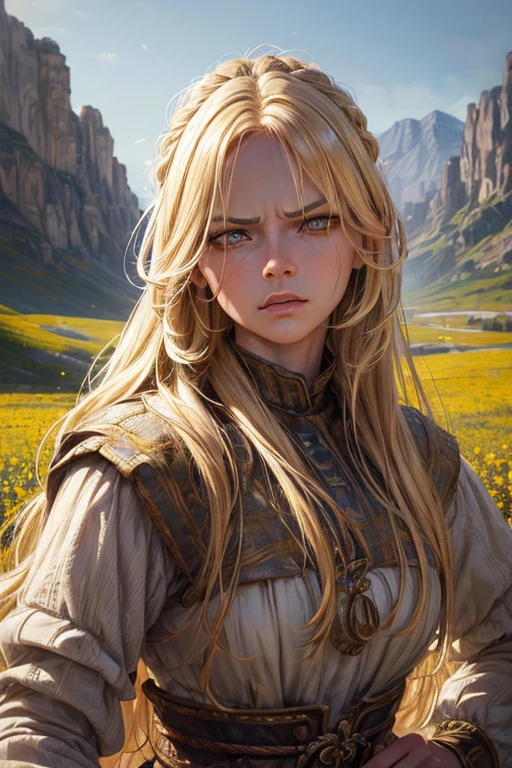 (best quality,ultra-detailed,realistic:1.37),oil painting,blonde hair,detailed yellow eyes,angry,peasant woman,full lips,expressive face,fierce expression,beautiful detailed eyes and face,long eyelashes,rugged clothes,dirt on hands,meadow background,vibrant colors,warm light.