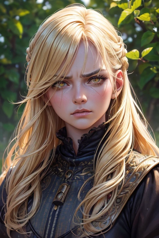 (best quality,ultra-detailed,realistic:1.37),oil painting,blonde hair,detailed yellow eyes,angry,peasant woman,full lips,expressive face,fierce expression,beautiful detailed eyes and face,long eyelashes,rugged clothes,dirt on hands,meadow background,vibrant colors,warm light.