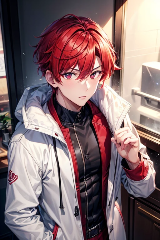 a handsome guy、20代の男性、Winter clothes、Red-haired shorthair、red eyes、long sleeve、Subway Home、High resolution、In 8K、sharp focus、zoom、with the best image quality、highest quality