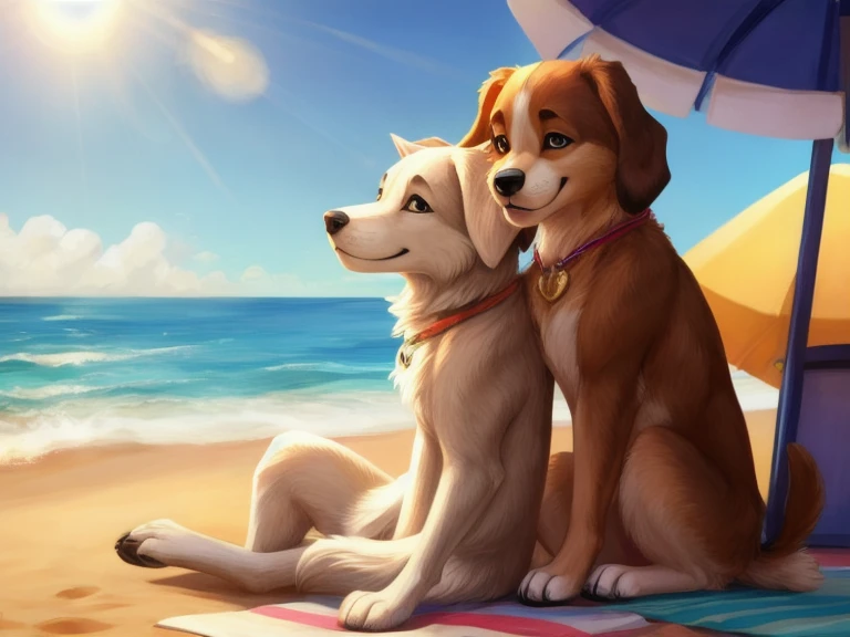 Best quality, Masterpiece, 2 dog, sitting in the beach, animal, sunny day, smile