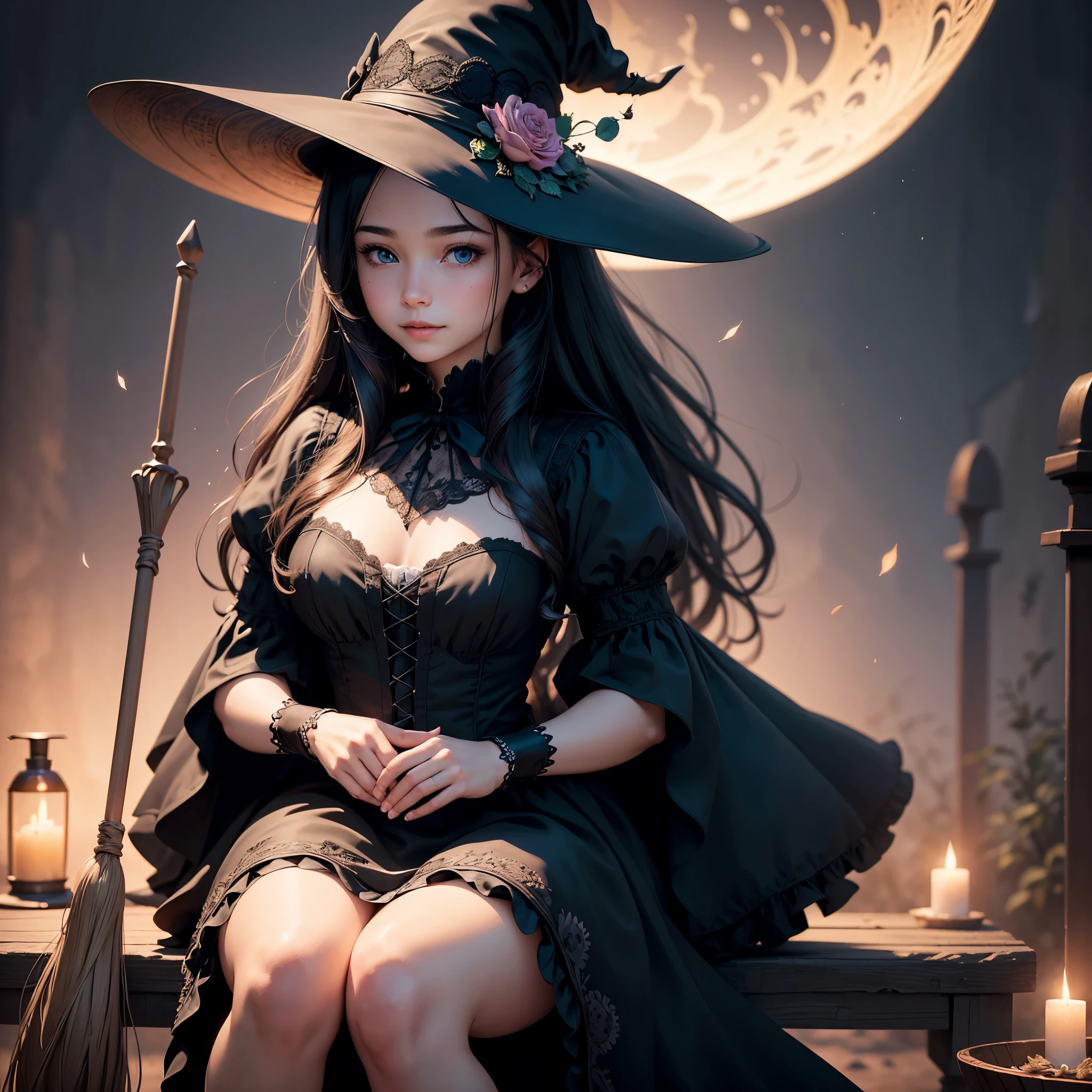 Witch sitting on a bench with a broom and a hat - SeaArt AI