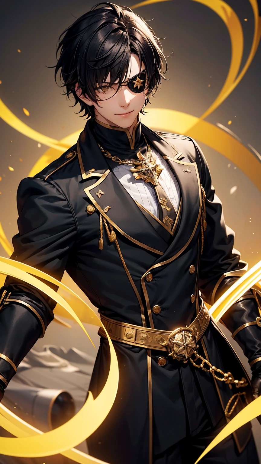 1man,solo, male photo, black hair, wavy hair,short hair, (black gloves), (yellow eye),((black tailcoat)),((black eyepatch)),gently smile,beautiful background,ultra detailed,best quality, masterpiece, 8K