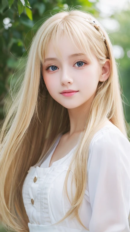 Live shooting、(((Portrait of extreme beauty)))、((shining white skin))、1 girl、15 years old cute beautiful girl、((Shiny light natural blonde hair))、[Very beautiful bright light blue big eyes]、very big eyes、silky thin hair、Straight Super Long Hair、eyeliner、bangs、hair between eyes、dancing hair、A sloppy smile、((masterpiece、最high quality、Super detailed、film light、High resolution、very detailed))、detailed background、8K UHD、digital single lens reflex、soft light、high quality、depth of field is shallow、Natural light、（perfect hands）、perfect beautiful beautiful face、Maid clothes、small face beautiful girl