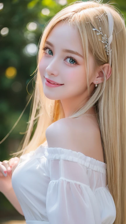 Live shooting、(((Portrait of extreme beauty)))、((shining white skin))、1 girl、15 years old cute beautiful girl、((Shiny light natural blonde hair))、[Very beautiful bright light blue big eyes]、very big eyes、silky thin hair、Straight Super Long Hair、eyeliner、bangs、hair between eyes、dancing hair、A sloppy smile、((masterpiece、最high quality、Super detailed、film light、High resolution、very detailed))、detailed background、8K UHD、digital single lens reflex、soft light、high quality、depth of field is shallow、Natural light、（perfect hands）、perfect beautiful beautiful face、Maid clothes、small face beautiful girl